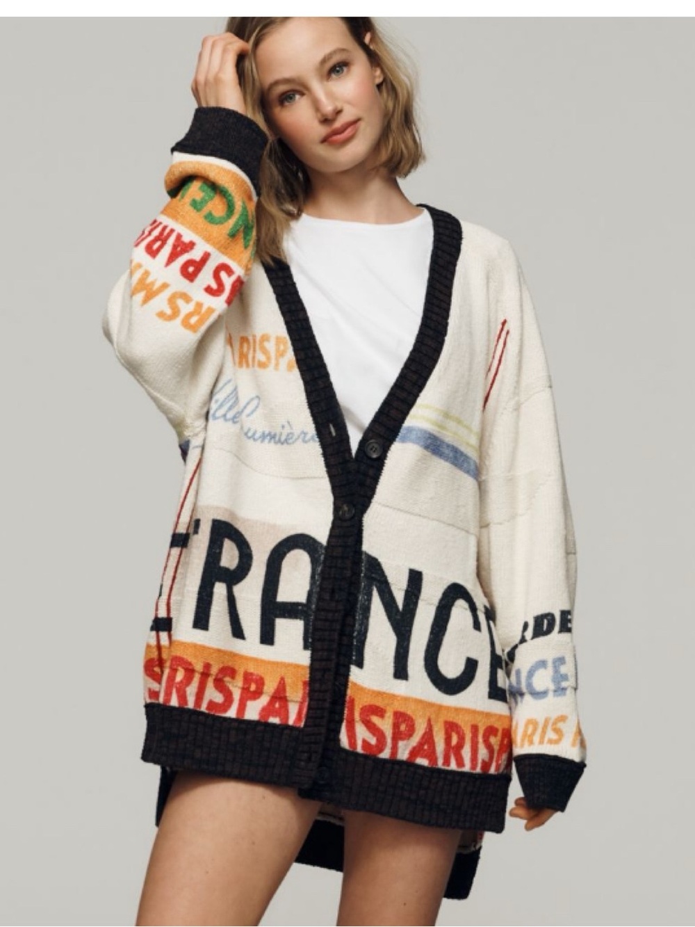 NWT Anthropologie Maeve Cotton Blend Collared Boyfriend Graphic Paris Sweater, L